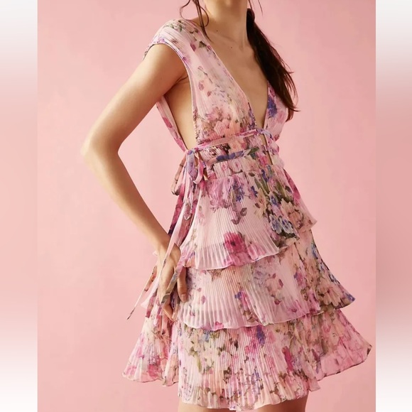 Rococo Sand x Free People Accordian Pleated Tiered Floral Side-Tie Chiffon New - Picture 12 of 14